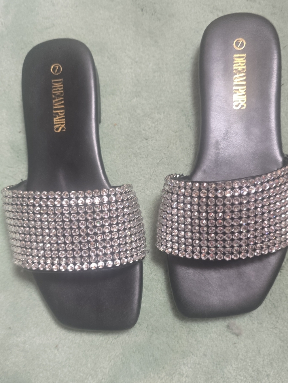 Dream Pairs Black Slide Sandals with Silver Rhinestone Band